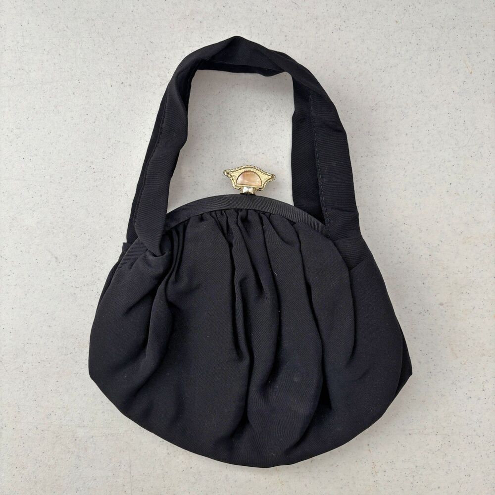 Julius Resnick JR Womens Black Fabric Evening Bag Purse Vintage 40s Mother Pearl